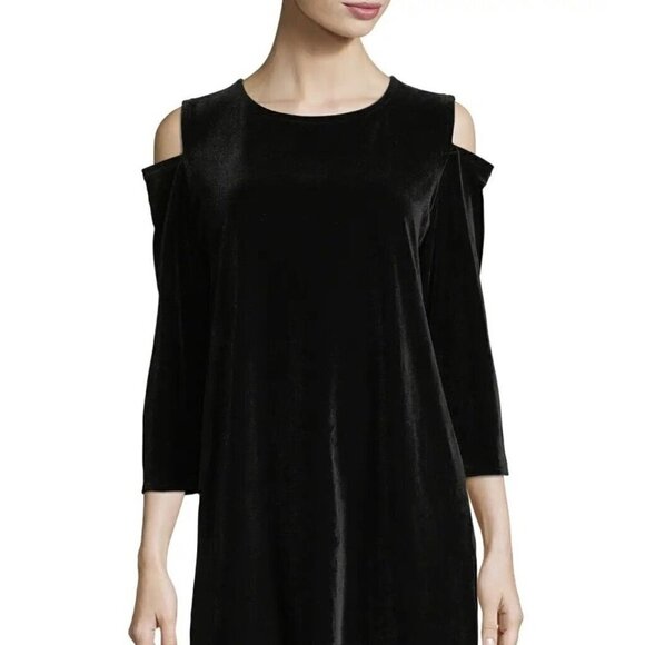 Caroline Rose Women Sz XS Black Stretch Velvet Cold Shoulder Flared Tunic Blouse - Picture 1 of 8